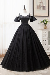 Bridesmaid Dresses With Lace, Black V-Neck Tulle Long Prom Dresses, A-Line Black Evening Dresses