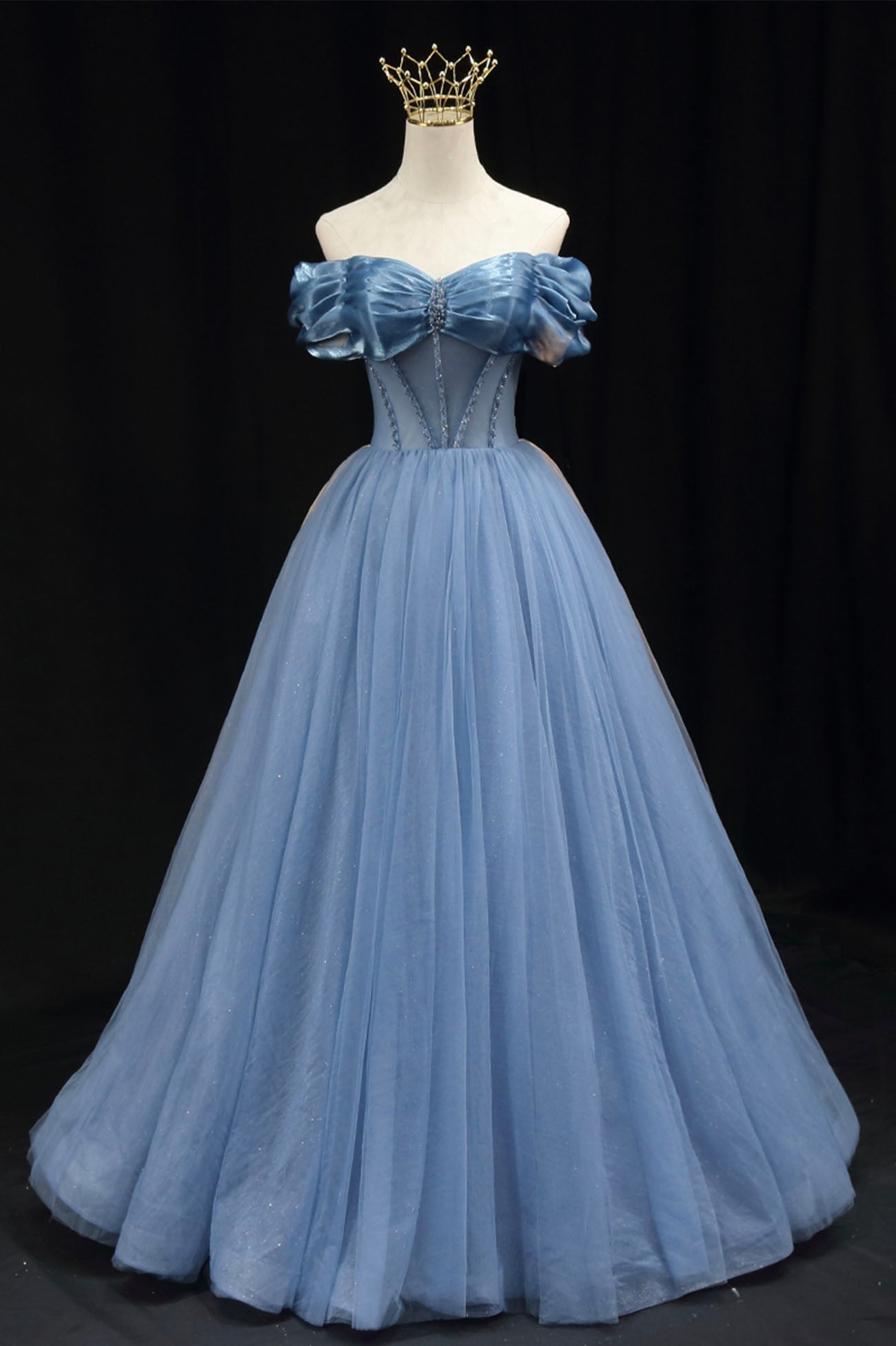 Party Dresses For Weddings, Blue Tulle Beaded Long Prom Dress, Elegant A-Line Blue Evening Dress