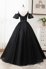 Bridesmaid Dress White, Black V-Neck Tulle Long Prom Dresses, A-Line Black Evening Dresses