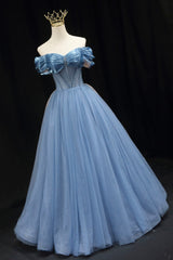 Party Dress Summer, Blue Tulle Beaded Long Prom Dress, Elegant A-Line Blue Evening Dress