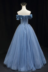 Party Dress Code, Blue Tulle Beaded Long Prom Dress, Elegant A-Line Blue Evening Dress