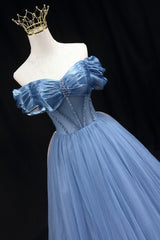 Party Dress Codes, Blue Tulle Beaded Long Prom Dress, Elegant A-Line Blue Evening Dress