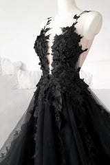 Bridesmaids Dresses Beach Wedding, Black Tulle Lace Long Prom Dress, Black Formal Graduation Dress