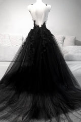 Bridesmaid Dress With Lace, Black V-Neck Tulle Lace Long Prom Dresses, Black A-Line Evening Dresses