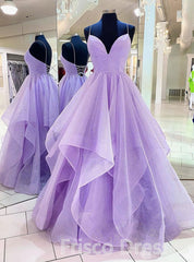 Party Dress Dress Up, Purple V Neck Sleeveless A Line Tulle Sequin Prom Dresses