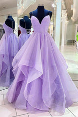 Homecoming Dresses Formal, Purple V Neck Sleeveless A Line Tulle Sequin Prom Dresses