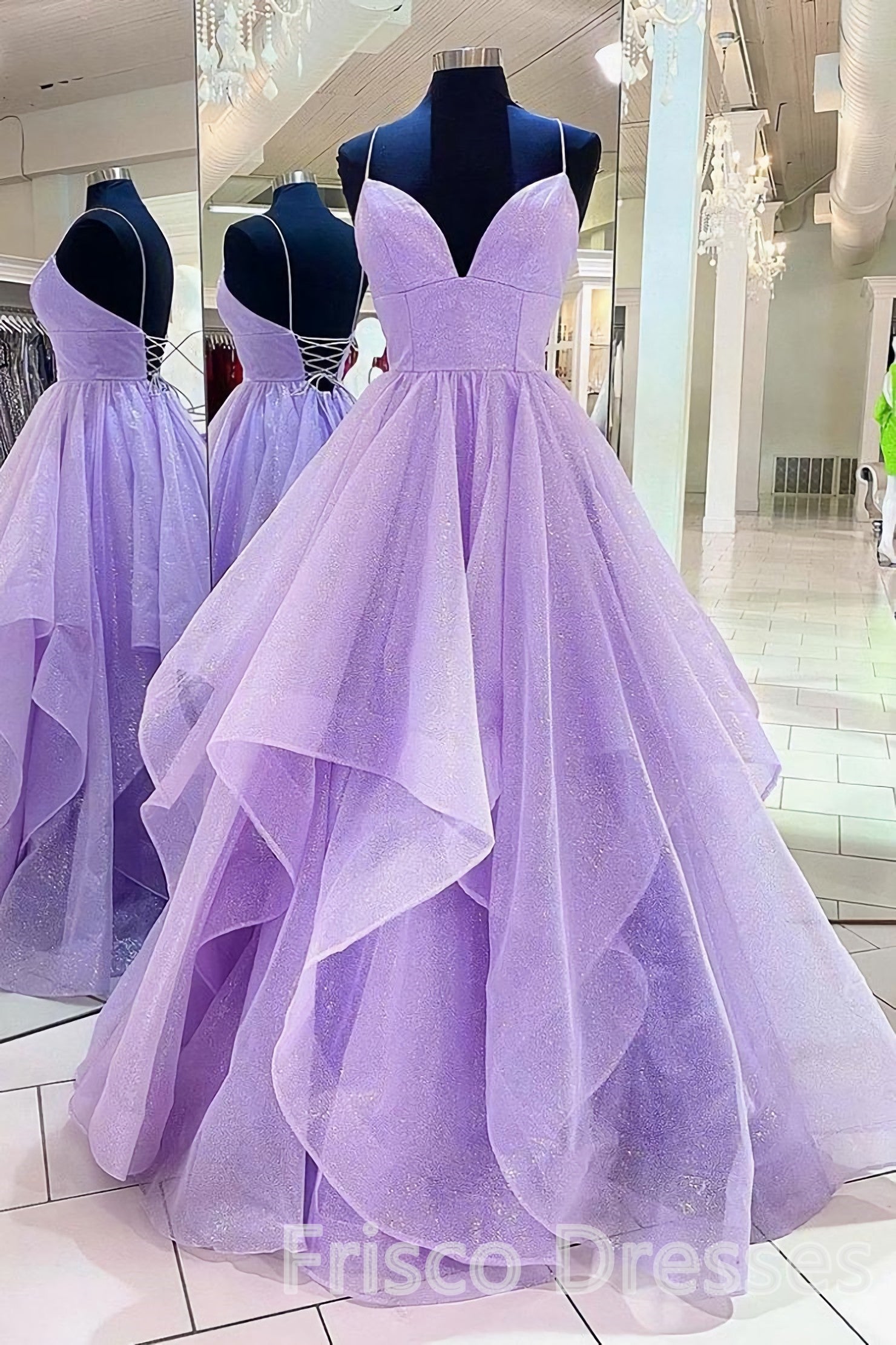 Party Dress Hair Style, Purple V Neck Sleeveless A Line Tulle Sequin Prom Dresses