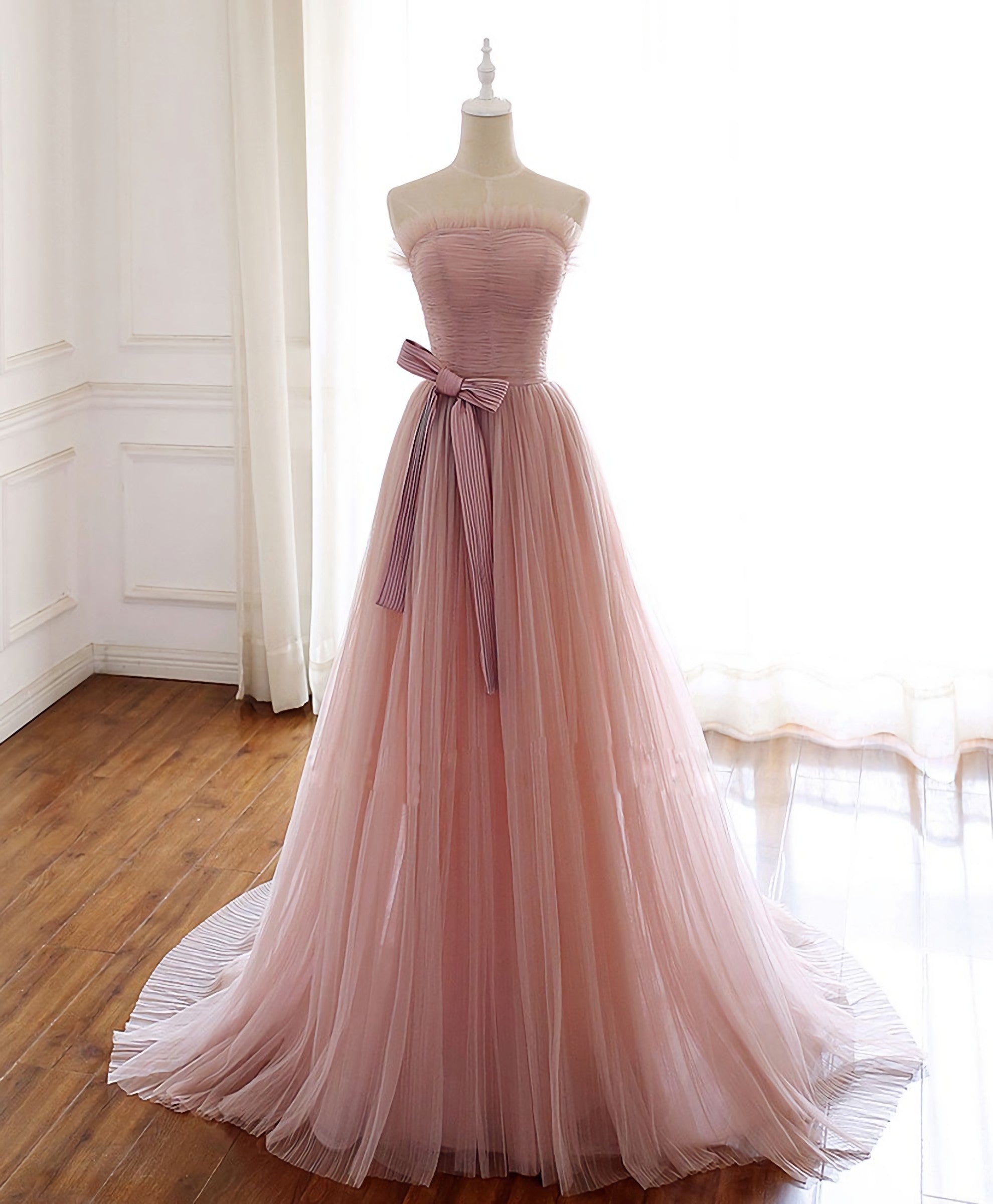 Homecoming Dress Chiffon, Simple Pink Tulle Long Prom Dress, Pink Tulle Formal Dress, 1