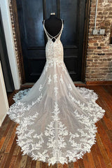 Wedding Dress Cheap, Elegant V Neck Mermaid Lace Appliques Wedding Dresses