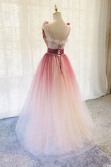Party Dress Pink Dress, A-Line Burgundy V Neck Tulle Sequin Long Prom Dress Burgundy Evening Dress