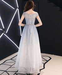 Prom Dress Elegent, Blue Round Neck Tulle Long Prom Dress, Blue Tulle Evening Dress