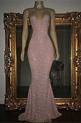 Prom Dress Long, 2024 Pink Halter Sequins Prom Dresses