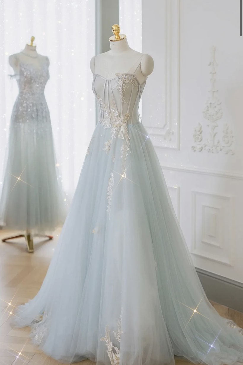 Formal Attire, A-Line Tulle Lace Appliques Sweetheart Long Prom Dress, Strapless Evening Dress