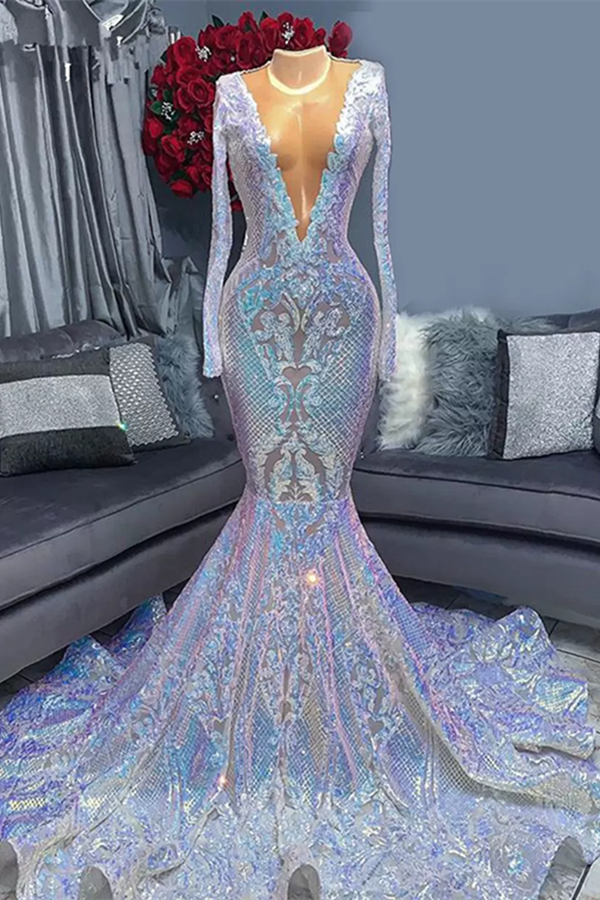 Party Dresses Designs, Hot Sparkle Sequin V neck Long sleeves Mermaid Prom Dresses
