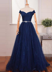 Bridesmaid Dress By Color, 2024 Blue Floor-Length/Long A-Line/Princess Off-the-Shoulder Beading Tulle Prom Dresses