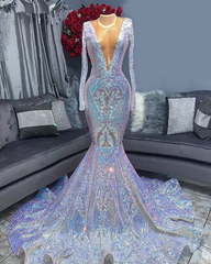 Party Dresses Teens, Hot Sparkle Sequin V neck Long sleeves Mermaid Prom Dresses