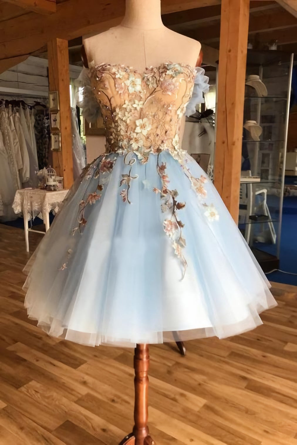 Flowy Prom Dress, A Line Light Blue Off The Shoulder Above Knee Homecoming Prom Dress, With Appliques