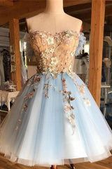 Dream Dress, A Line Light Blue Off The Shoulder Above Knee Homecoming Prom Dress, With Appliques