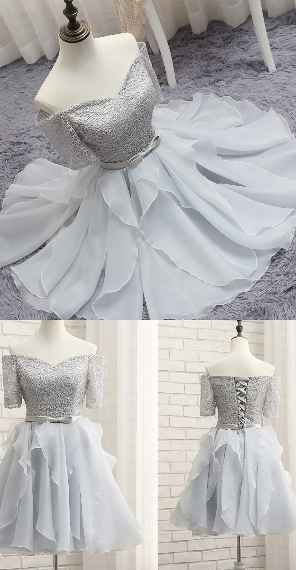 Formal Dresses Long Elegant, Short Silver Party Homecoming Dresses With Bowknot Lace Up Mini Great Prom Dresses, B0272