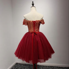 Formal Dress Vintage, Off Shoulder Short Sleeve Red Lace Homecoming Prom Dresses, Affordable Short Party Corset Back Prom Dresses, Perfect Homecoming Dresses, B0525