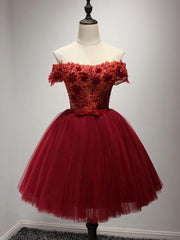 Formal Dress Long Elegant, Off Shoulder Short Sleeve Red Lace Homecoming Prom Dresses, Affordable Short Party Corset Back Prom Dresses, Perfect Homecoming Dresses, B0525