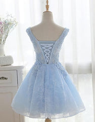 Formal Dresses Floral, Light Blue Cute V Neckline Lace Short Party Dress, Lace Formal Dress, Lace Party Dresses, B0622