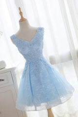 Formal Dress For Graduation, Light Blue Cute V Neckline Lace Short Party Dress, Lace Formal Dress, Lace Party Dresses, B0622