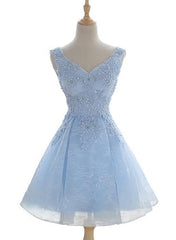 Formal Dress For Teens, Light Blue Cute V Neckline Lace Short Party Dress, Lace Formal Dress, Lace Party Dresses, B0622