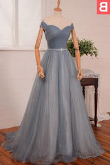 Bridesmaids Dress Trends, 2024 Blue Floor-Length/Long A-Line/Princess Off-the-Shoulder Beading Tulle Prom Dresses