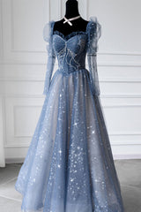 Bodycon Dress, Blue Sparkly Tulle Prom Dress with Long Sleeves, New Style Long Dress with Beading