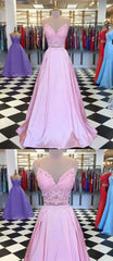 Formal Dress Long Gowns, A Line V Neck 2 Pieces Pink Lace Prom Dresses, Pink 2 Pieces Lace Formal Graduation Evening Dresses, C0125