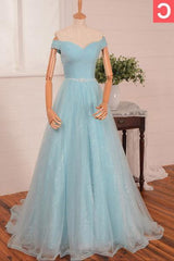 Bridesmaid Dresses Trends, 2024 Blue Floor-Length/Long A-Line/Princess Off-the-Shoulder Beading Tulle Prom Dresses