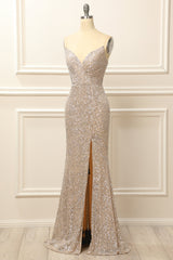 Prom Dress Shiny, Silver Sequins Long Prom Dress with Slit