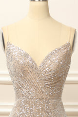 Prom Dresses Mermaide, Silver Sequins Long Prom Dress with Slit