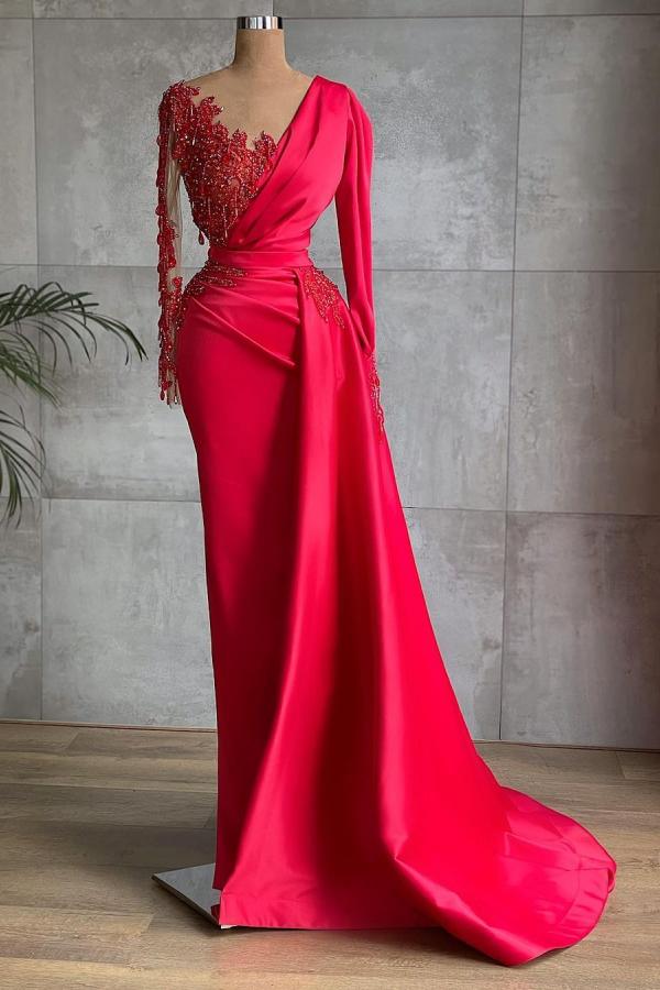 Party Dress New, Gorgeous Red Long Sleeve Mermaid Evening Dress Lace Appliques Prom Gown Ruffles