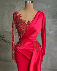 Party Dress Outfit Ideas, Gorgeous Red Long Sleeve Mermaid Evening Dress Lace Appliques Prom Gown Ruffles