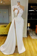 Party Dresses Designer, Gorgeous One Shoulder Long Sleeve Prom Dress With Lace Appliques Side Slit