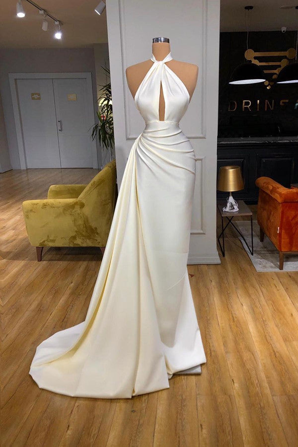 Party Dress Australia, Ivory Halter Long Evening Prom Dress With Split Detachable Train