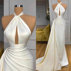 Party Dresses With Sleeves, Ivory Halter Long Evening Prom Dress With Split Detachable Train