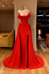 Party Dress For Wedding, Sexy Red Off-the-Shoulder Long Prom Dress With Split Online