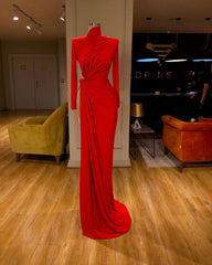 Party Dresses For Teen, Glamorous High Neck Long Sleeve Red Prom Dress Long With Split