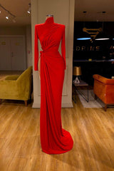 Party Dress For Teens, Glamorous High Neck Long Sleeve Red Prom Dress Long With Split