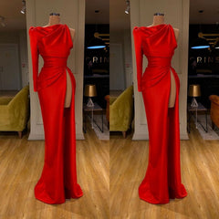 Party Dress For Teen, One-shoulder Long sleeves High-split Soft pleated Red Prom Dress