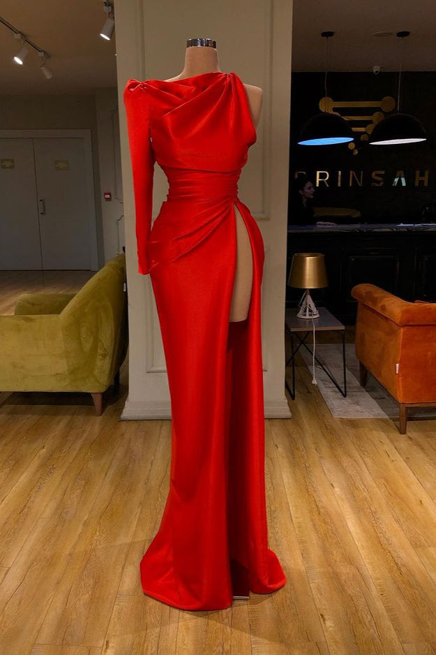 Party Dress Ladies, One-shoulder Long sleeves High-split Soft pleated Red Prom Dress