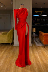 Party Dress Ladies, One-shoulder Long sleeves High-split Soft pleated Red Prom Dress