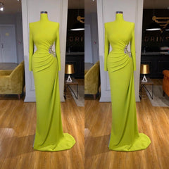 Party Dresses Size 39, Ginger yellow High-neck Long-sleeves Metallic Beaded Mermaid Prom Dress