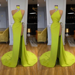 Party Dresses Night, Unique Ginger yellow Triangle Neck Sexy high side-cut Long Evening Dress