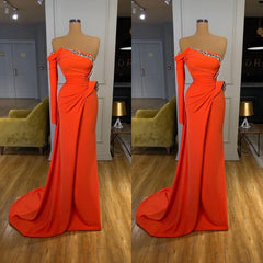Party Dress Outfits Ideas, Long sleeves Strapless Orange Sequined Long Prom Dress