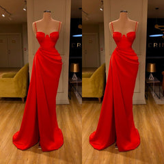 Party Dress Size 202, Gorgeous Spaghetti Strap Unique Round Cup High split Red Prom Dress