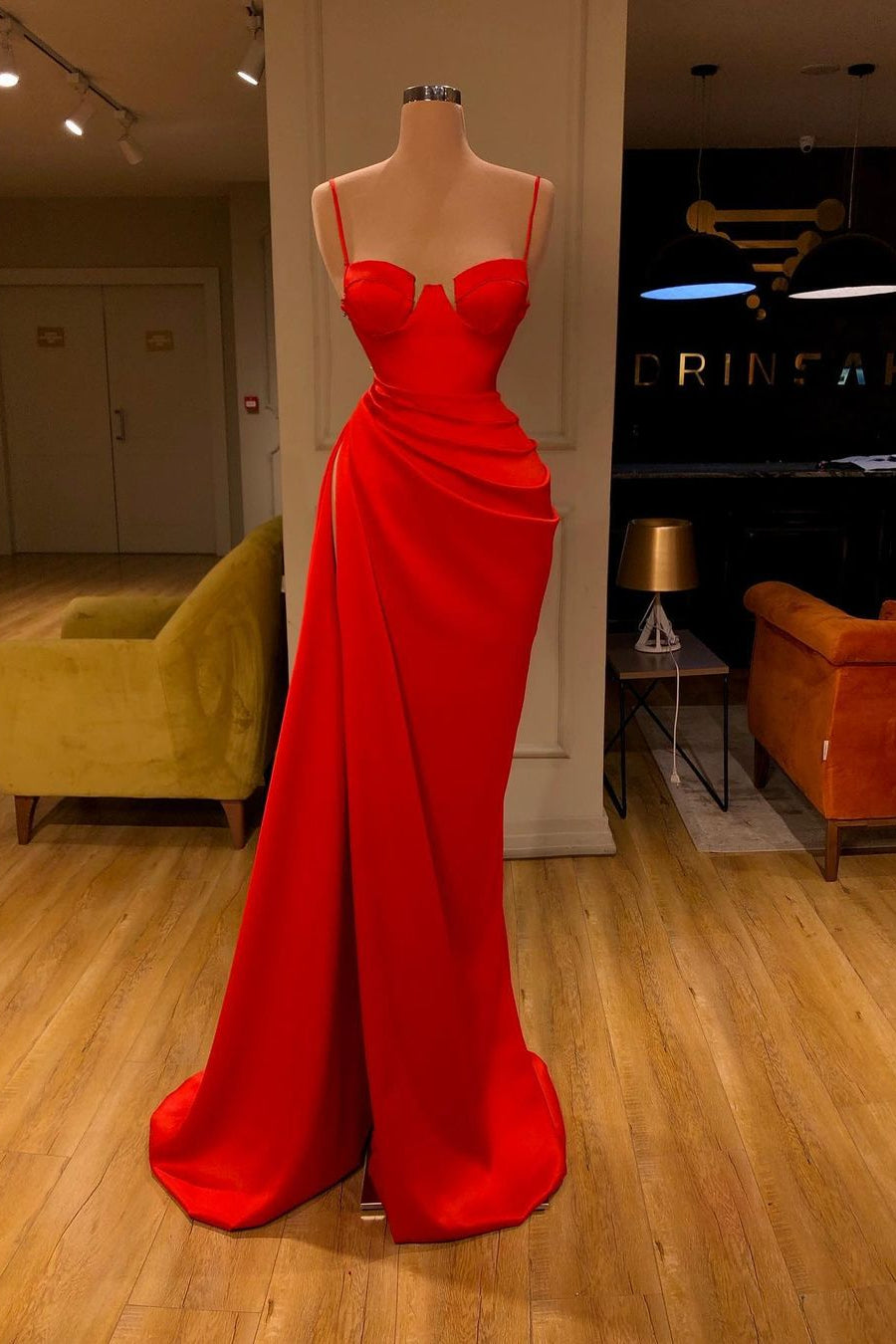 Party Dress Size 198, Gorgeous Spaghetti Strap Unique Round Cup High split Red Prom Dress